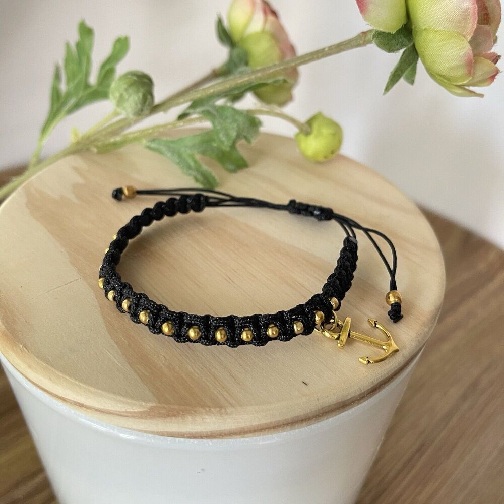 Handmade Black Braided Charm Bracelet Women Mens  Anchor New - Picture 2 of 14